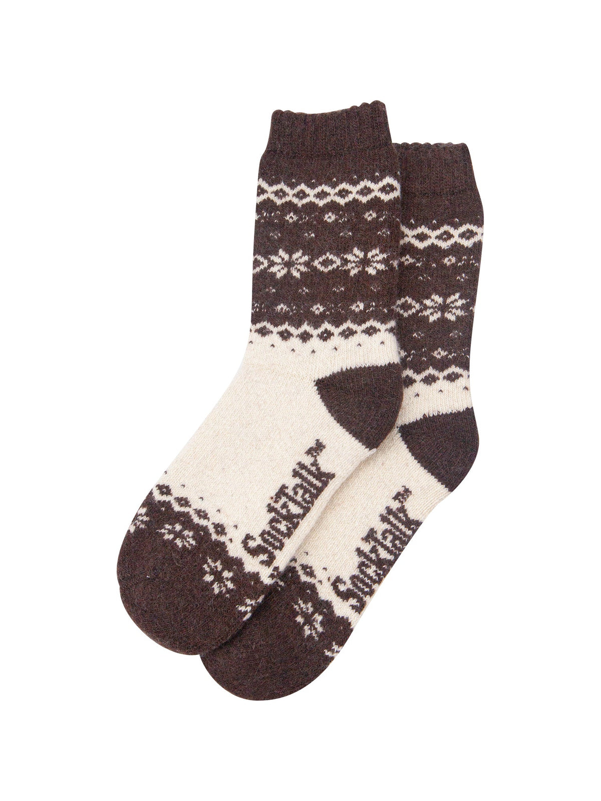 Nordic-Snowflake-Patterned-Wool-Socks-in-Brown/Oat-Laid-Flat