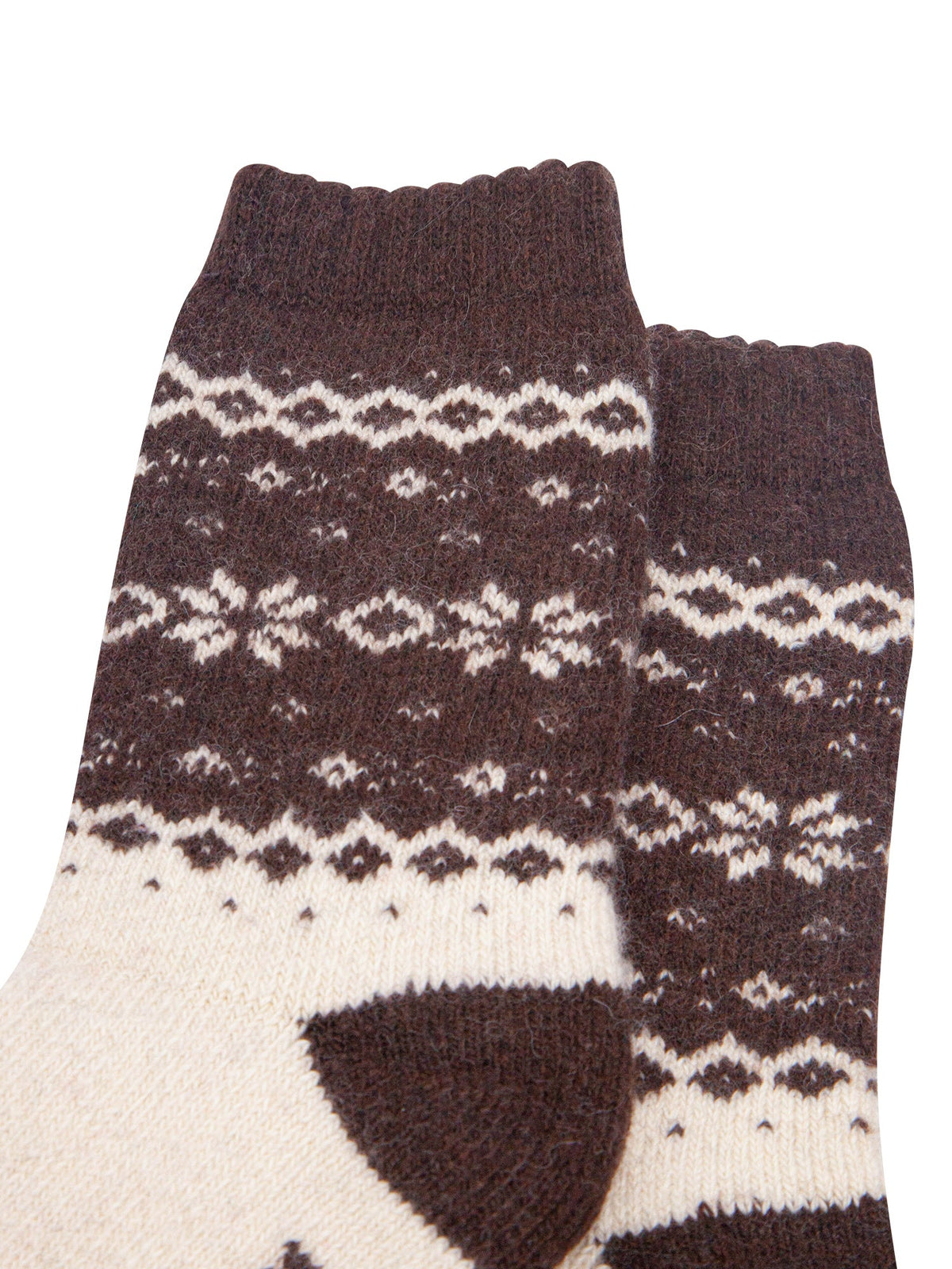 Nordic-Snowflake-Patterned-Wool-Socks-in-Brown/Oat-Close-Up