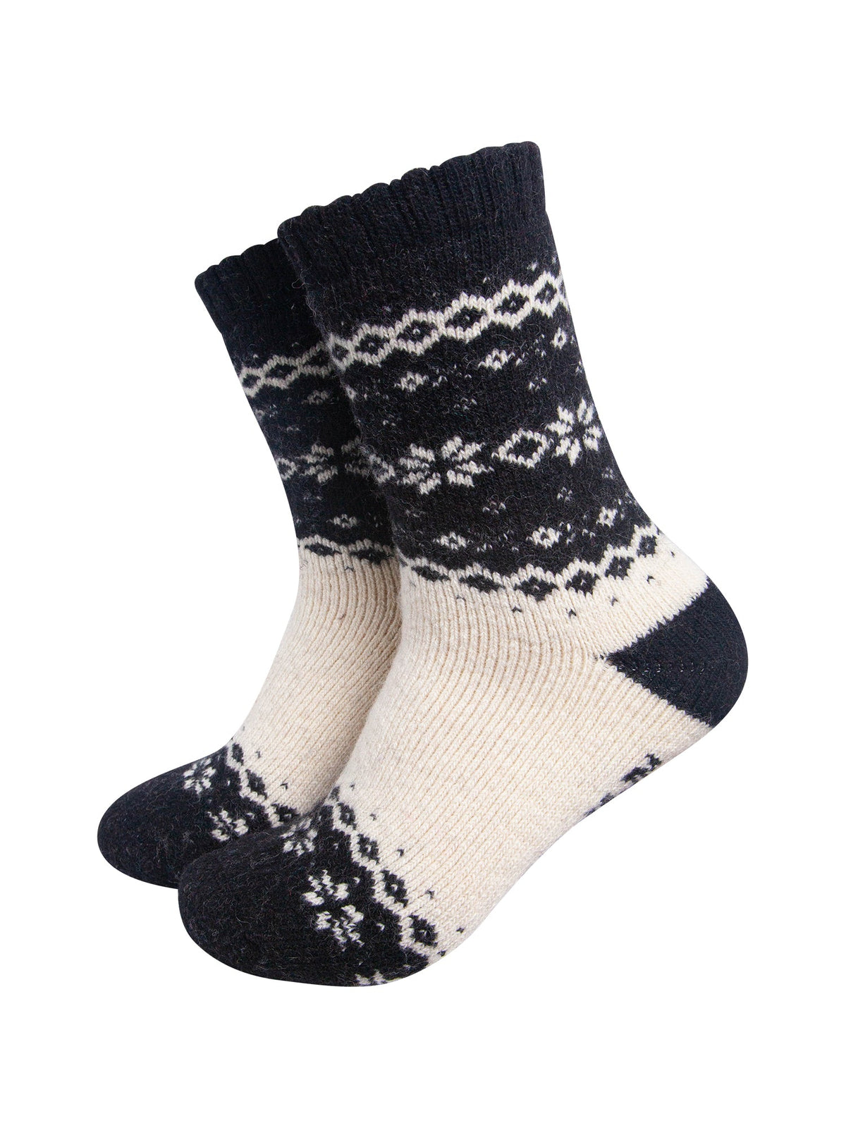 Nordic-Snowflake-Patterned-Wool-Socks-in-Black/Oat-On-Mannequin