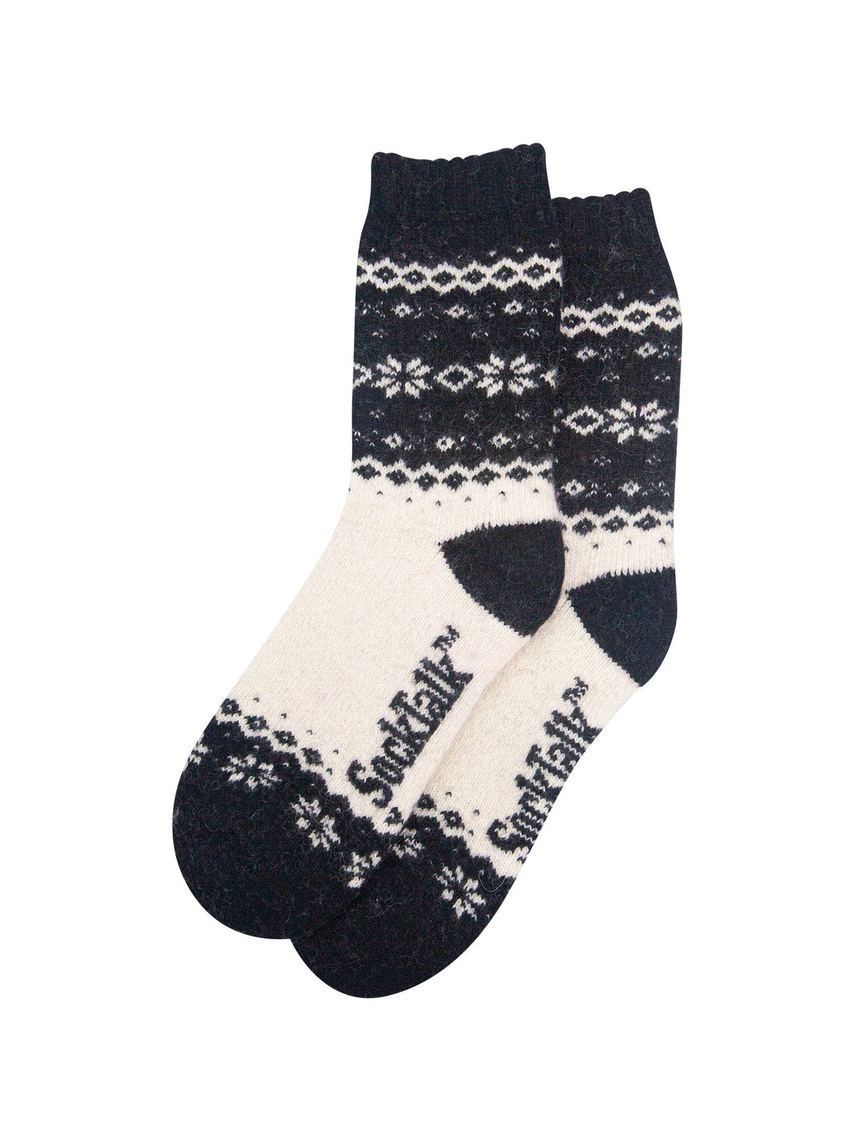 Nordic-Snowflake-Patterned-Wool-Socks-in-Black/Oat-Laid-Flat
