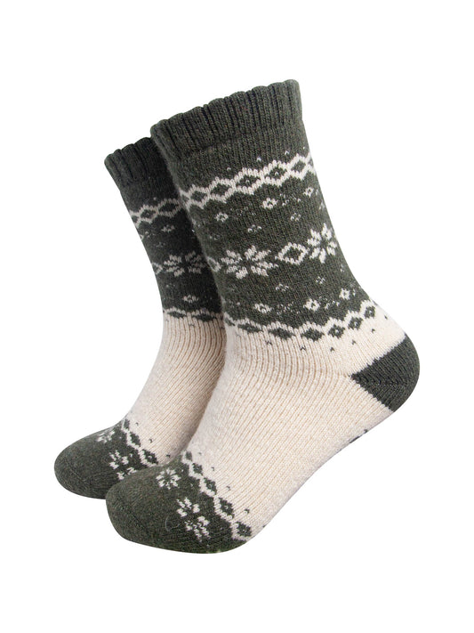 Nordic-Snowflake-Patterned-Wool-Socks-in-Khaki-Green/Oat-On-Mannequin