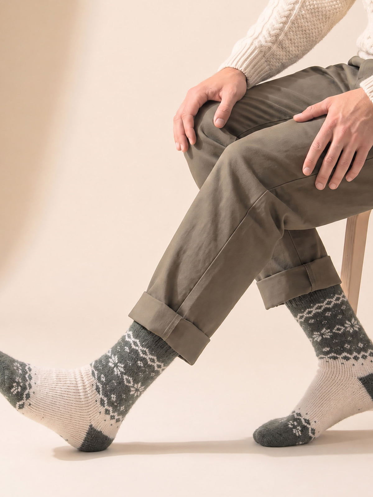 Nordic-Snowflake-Patterned-Wool-Socks-in-Khaki-Green/Oat