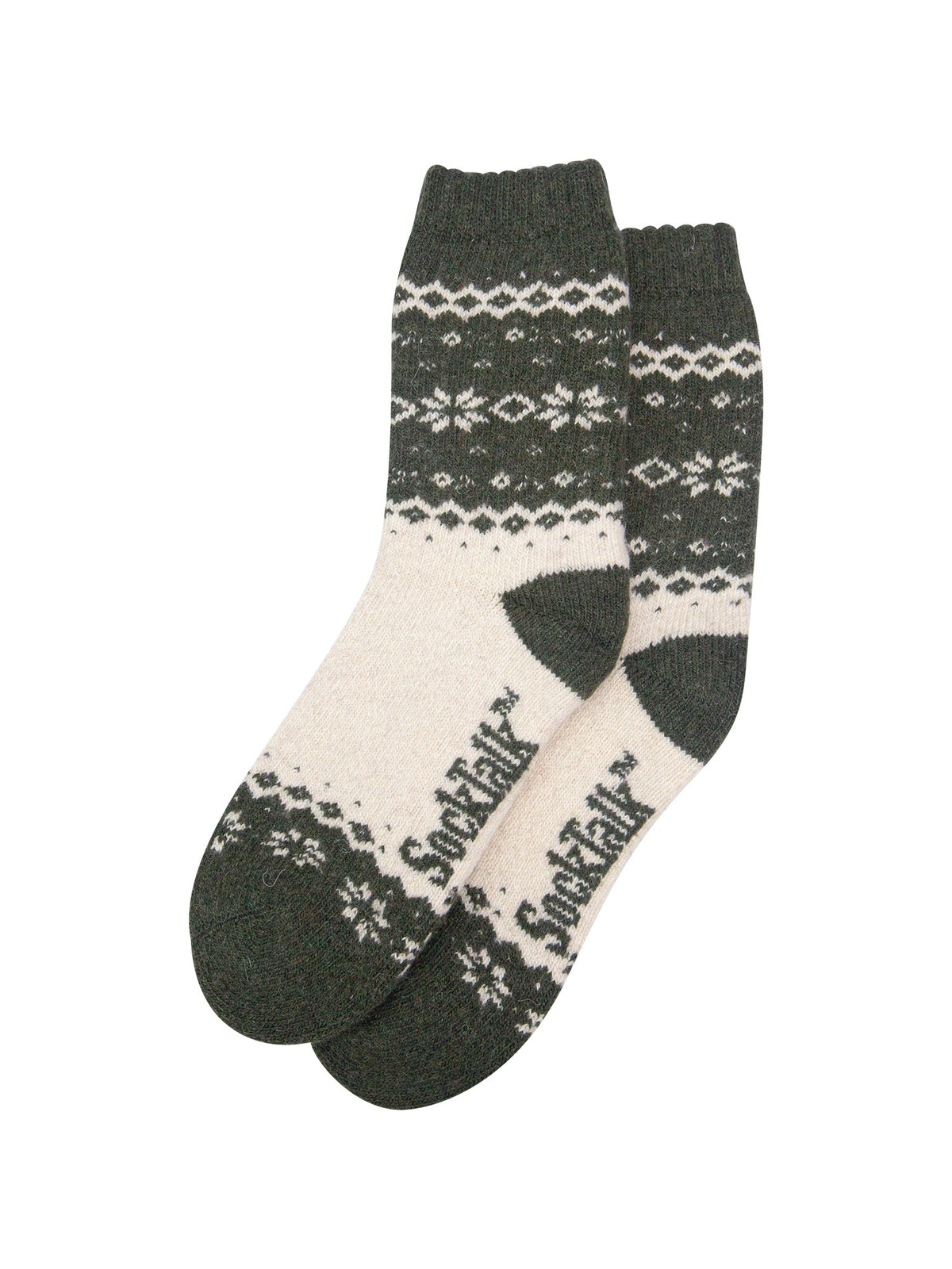 Nordic-Snowflake-Patterned-Wool-Socks-in-Khaki-Green/Oat-Laid-Flat