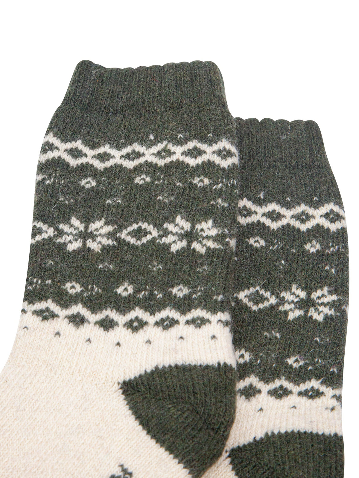 Nordic-Snowflake-Patterned-Wool-Socks-in-Khaki-Green/Oat-Close-Up