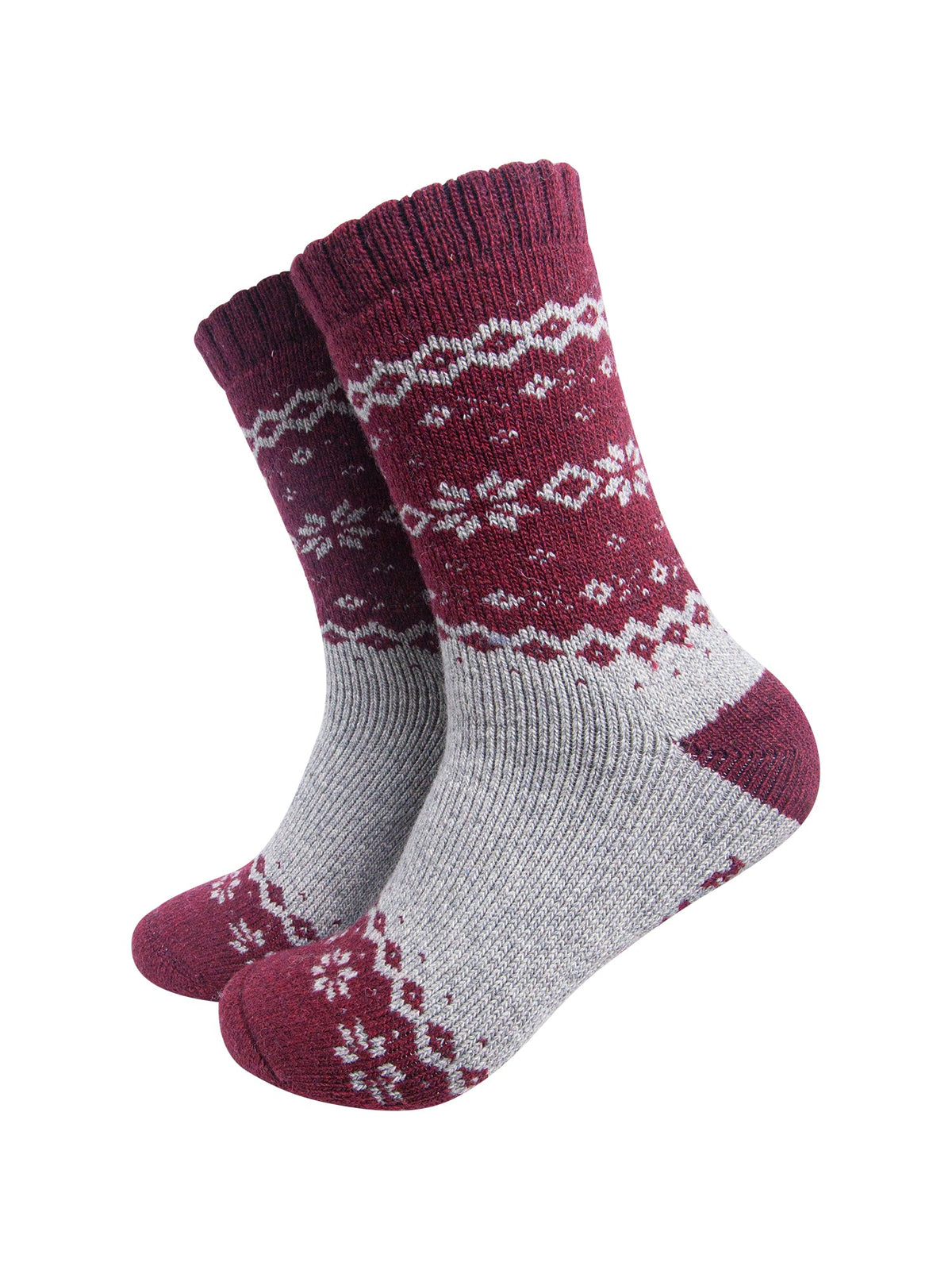 Nordic-Snowflake-Patterned-Wool-Socks-in-Grey-Marl/Burgundy-On-Mannequin