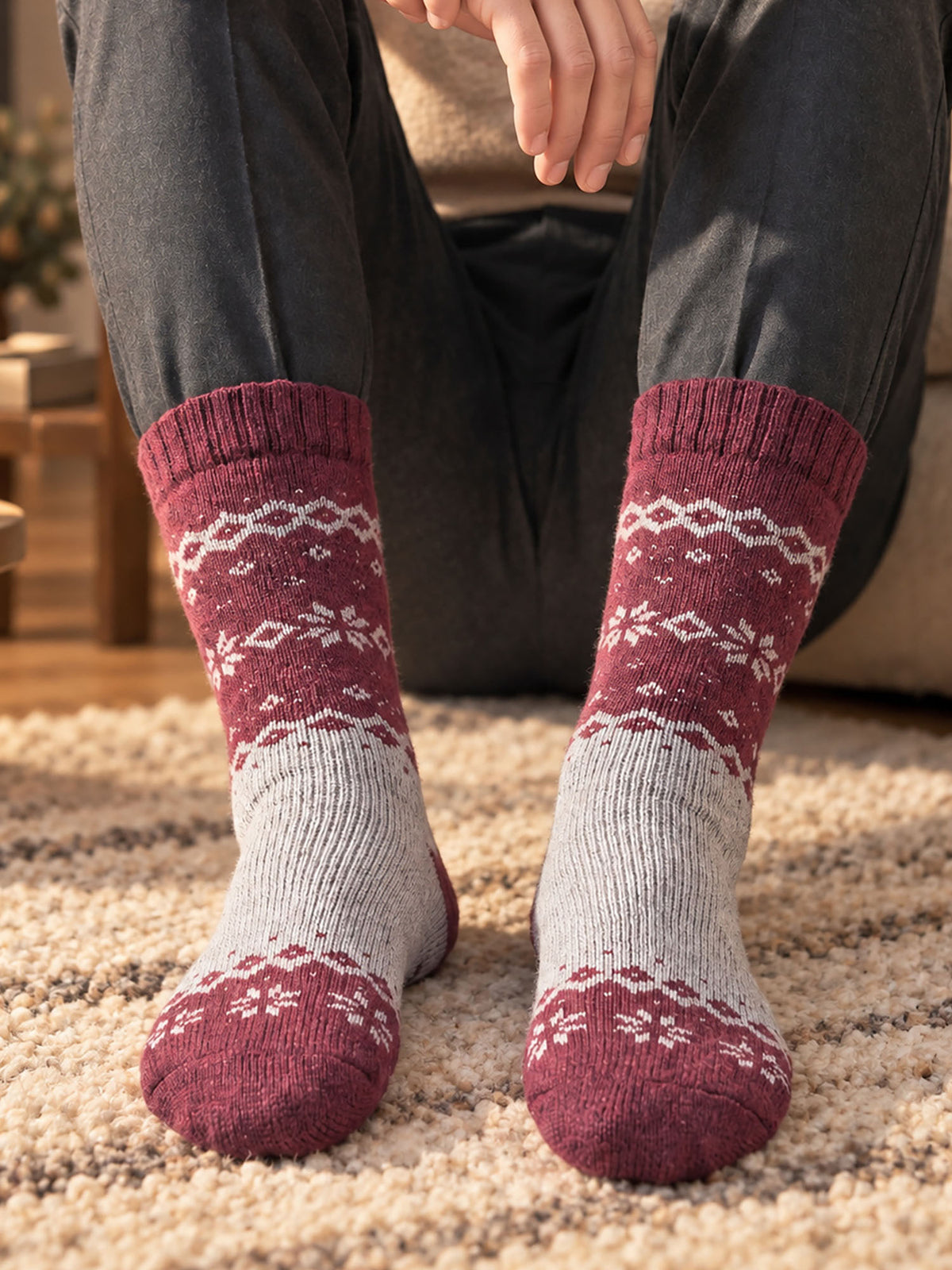 Nordic-Snowflake-Patterned-Wool-Socks-in-Grey-Marl/Burgundy