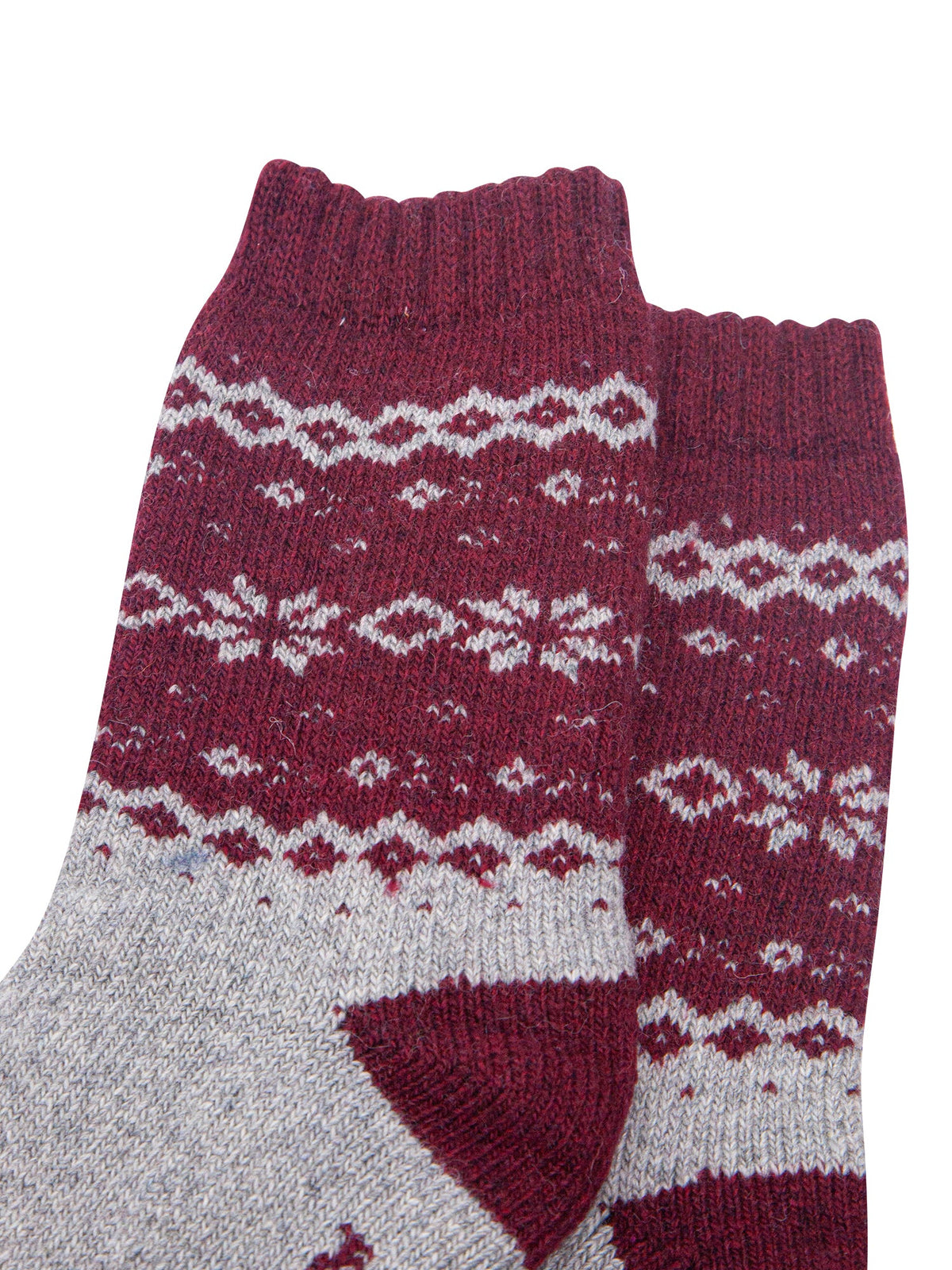 Nordic-Snowflake-Patterned-Wool-Socks-in-Grey-Marl/Burgundy-Close-Up