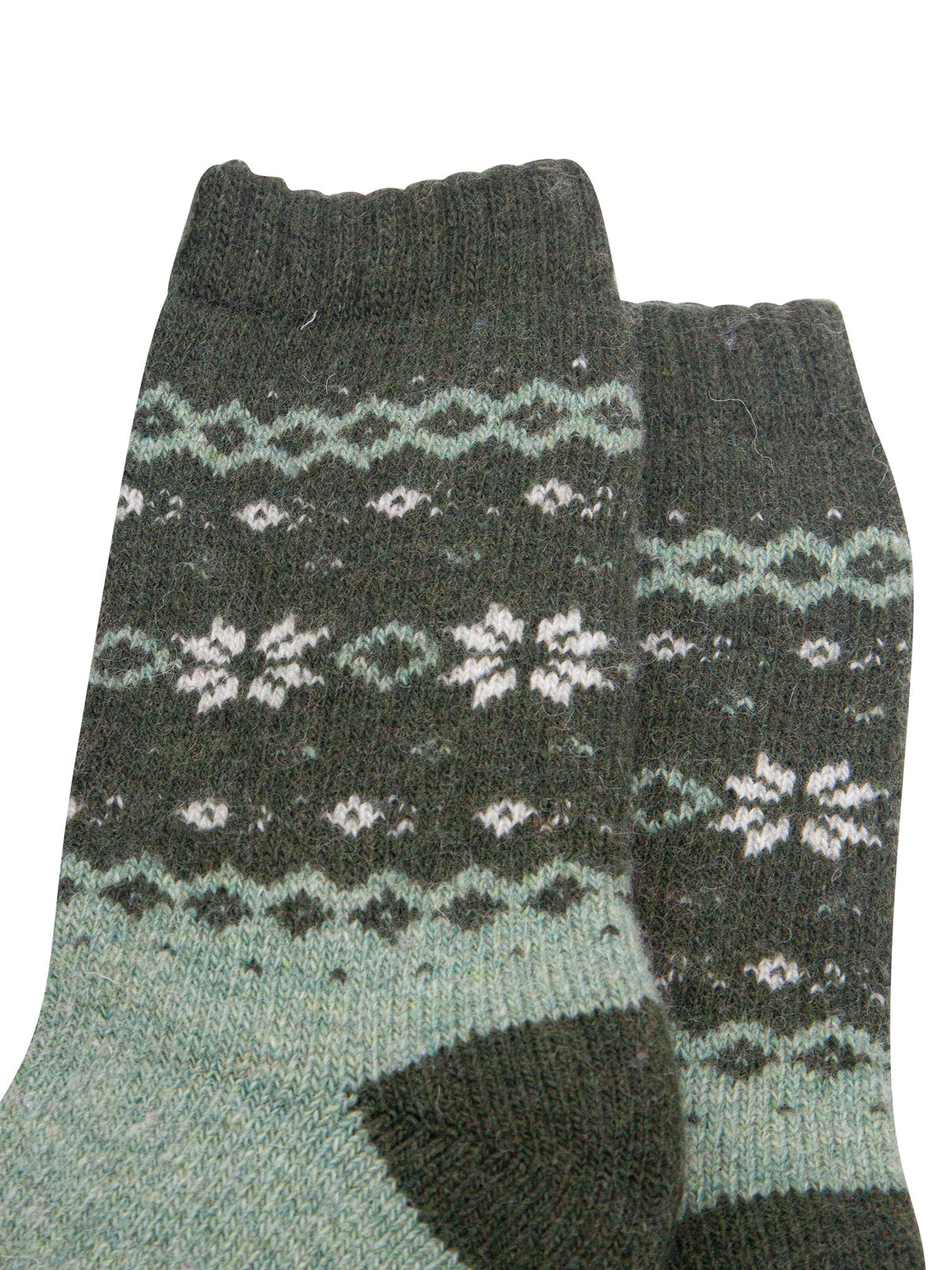 Nordic-Snowflake-Patterned-Wool-Socks-in-Green-Close-Up