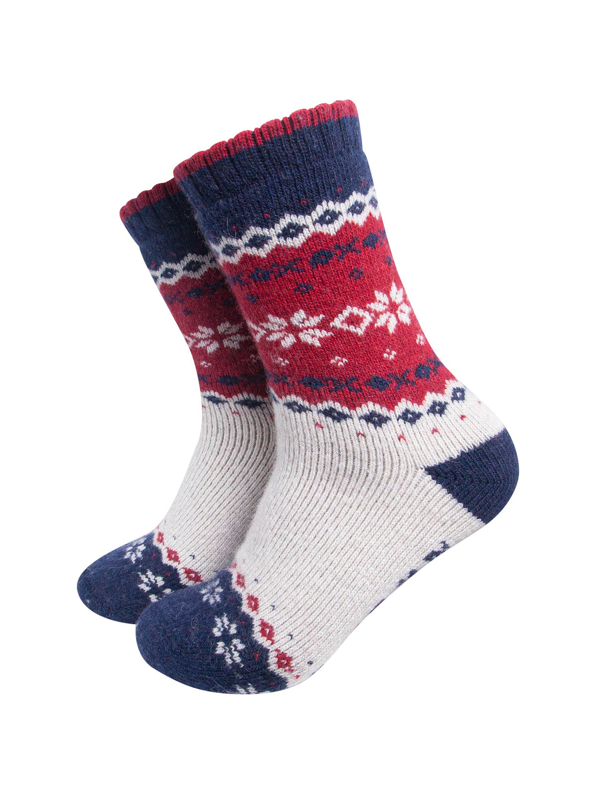 Nordic-Snowflake-Patterned-Wool-Socks-in-Navy-Blue/Red-On-Mannequin