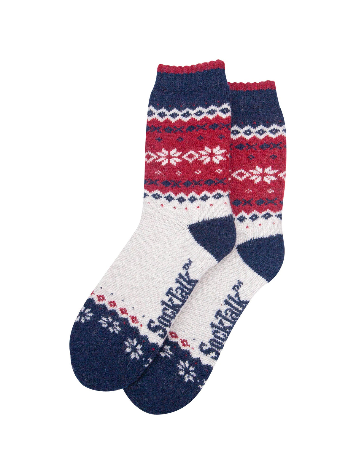 Nordic-Snowflake-Patterned-Wool-Socks-in-Navy-Blue/Red-Laid-Flat
