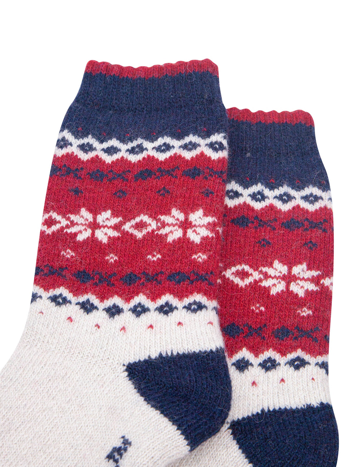Nordic-Snowflake-Patterned-Wool-Socks-in-Navy-Blue/Red-Close-Up