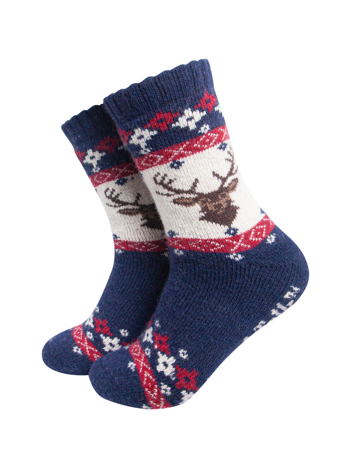 Stag-Patterned-Wool-Socks-in-Navy-Blue/Red-On-Mannequin