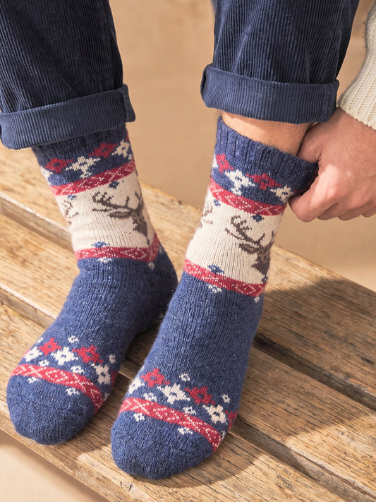 Stag-Patterned-Wool-Socks-in-Navy-Blue/Red