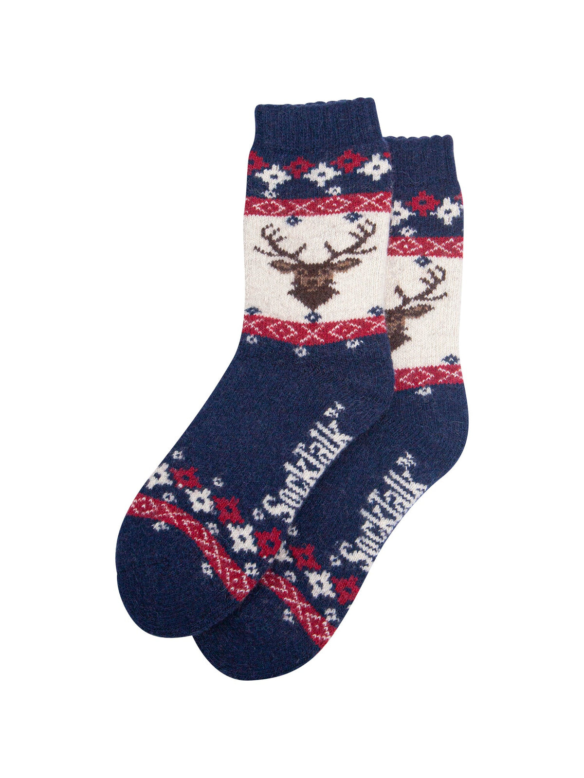 Stag-Patterned-Wool-Socks-in-Navy-Blue/Red-Laid-Flat