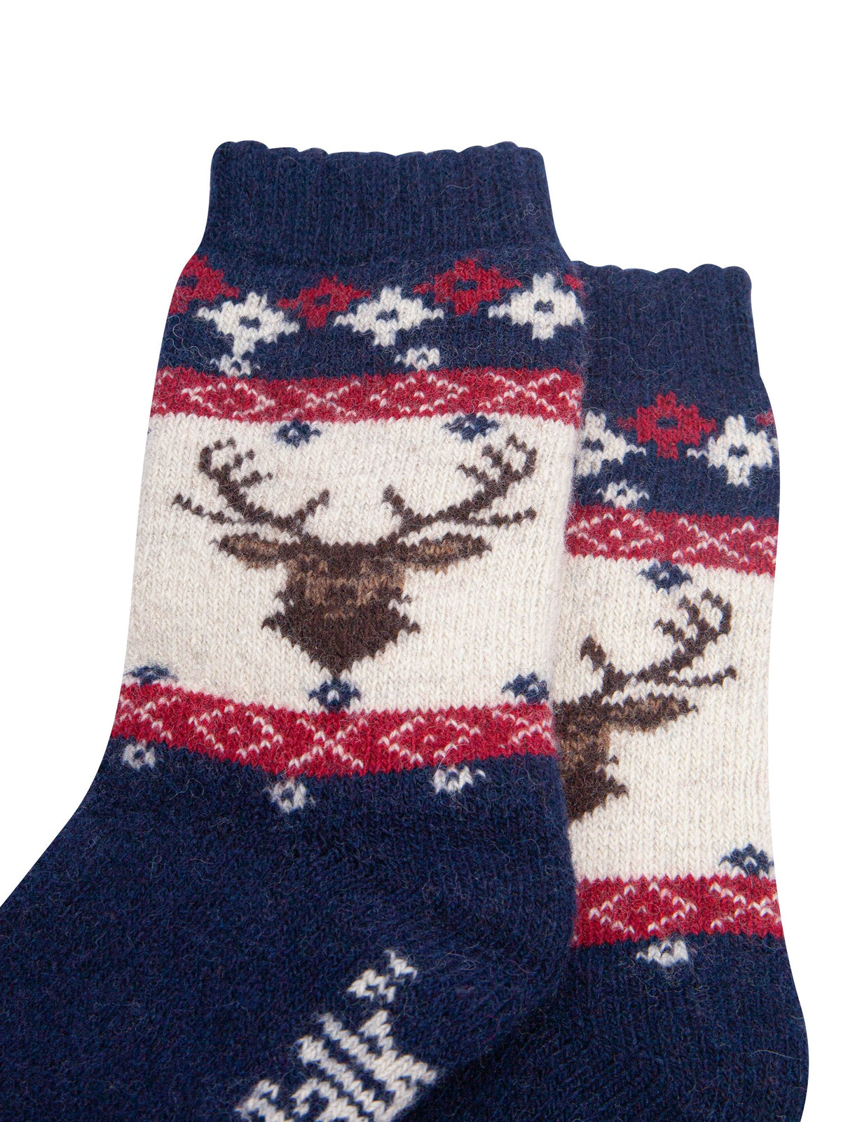 Stag-Patterned-Wool-Socks-in-Navy-Blue/Red-Close-Up
