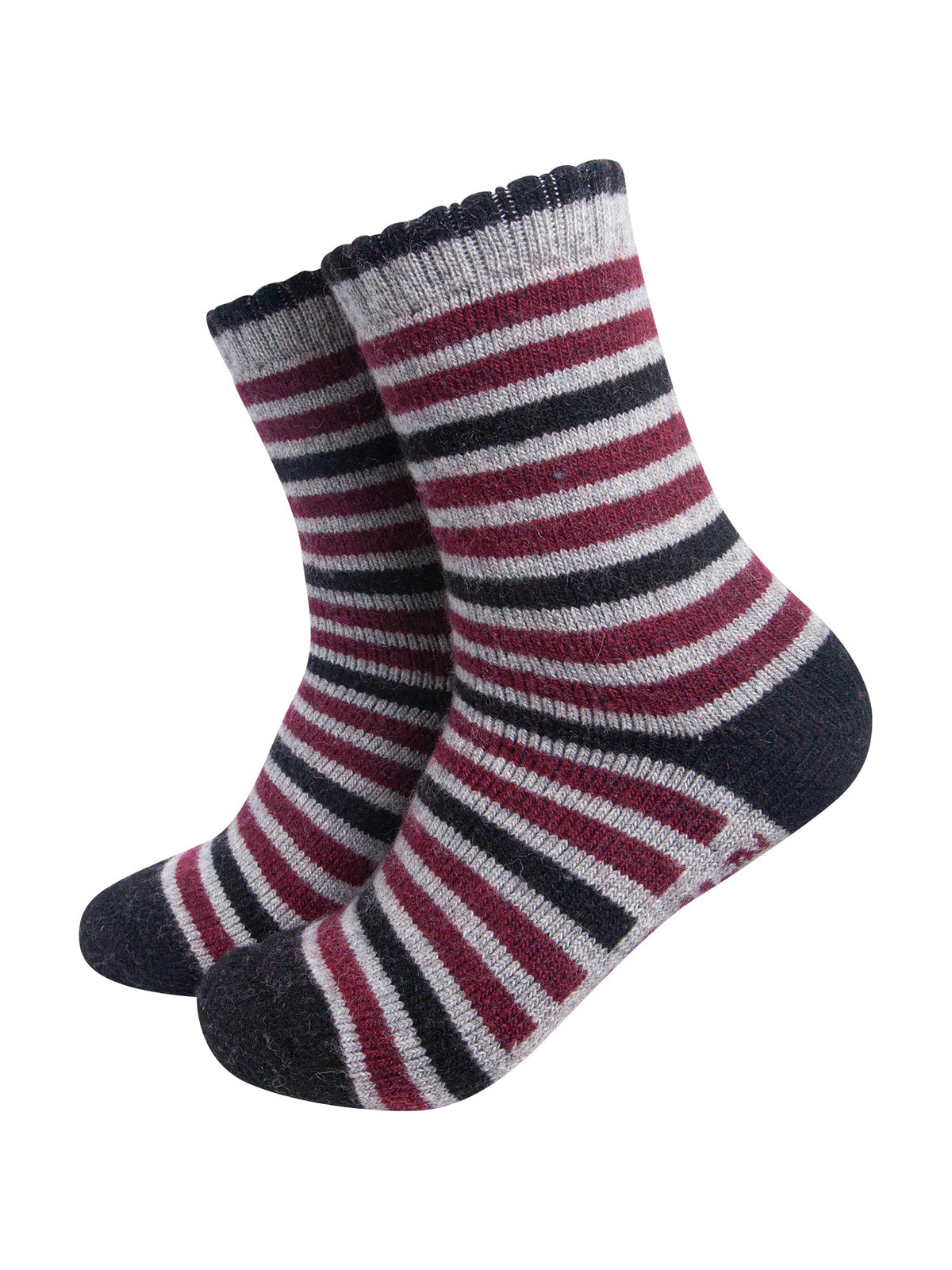 Stripe-Patterned-Wool-Socks-in-Grey-Marl/Burgundy-On-Mannequin