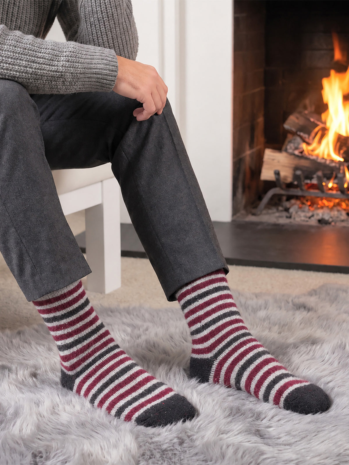 Stripe-Patterned-Wool-Socks-in-Grey-Marl/Burgundy