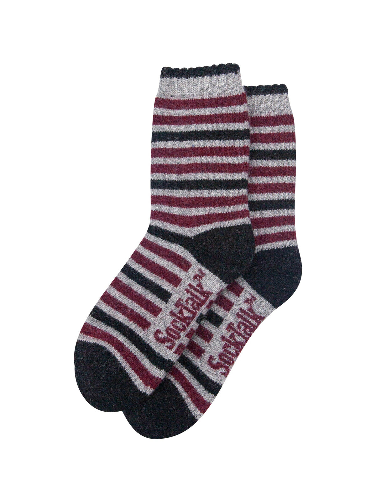 Stripe-Patterned-Wool-Socks-in-Grey-Marl/Burgundy-Laid-Flat