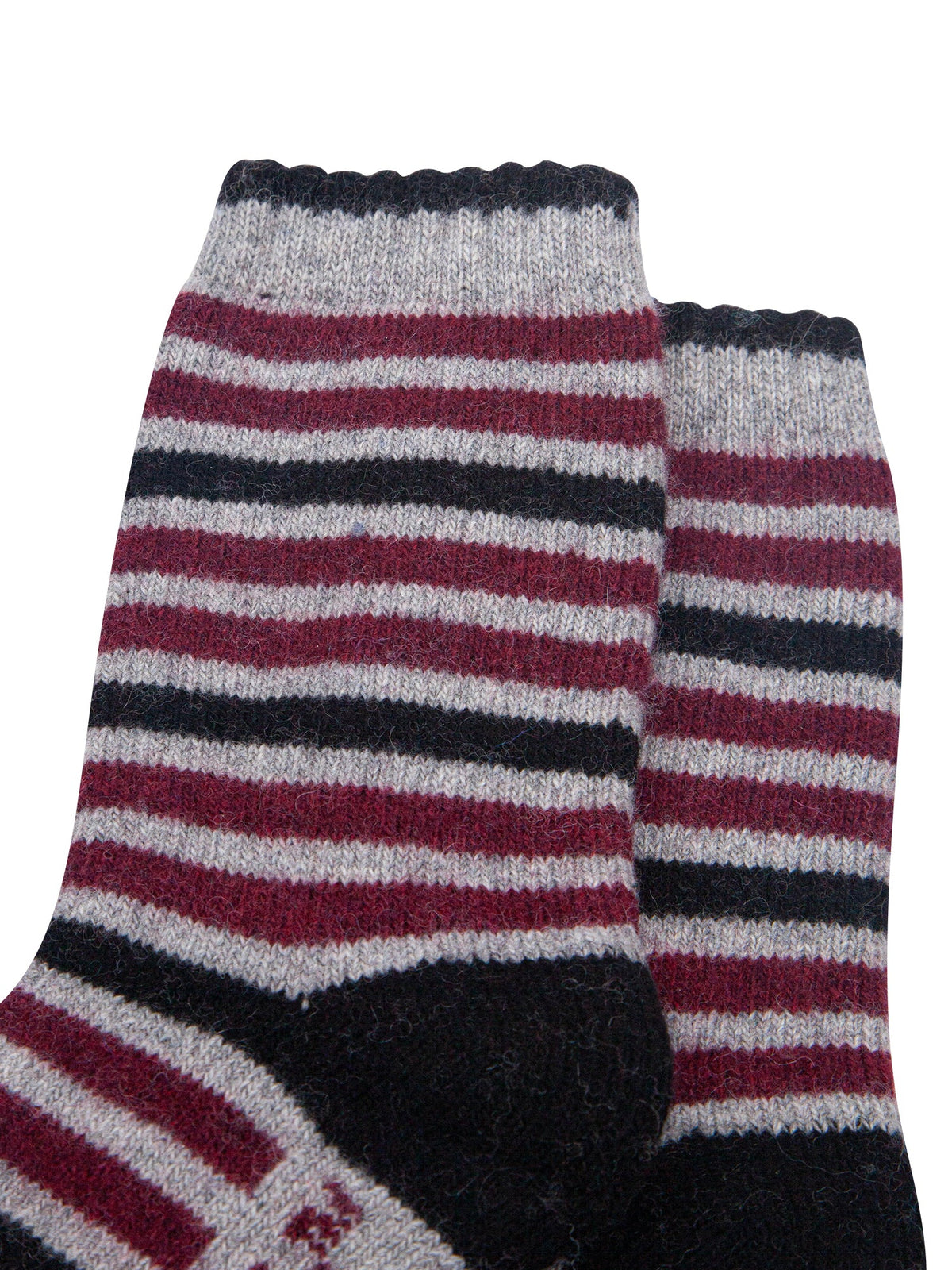 Stripe-Patterned-Wool-Socks-in-Grey-Marl/Burgundy-Close-Up