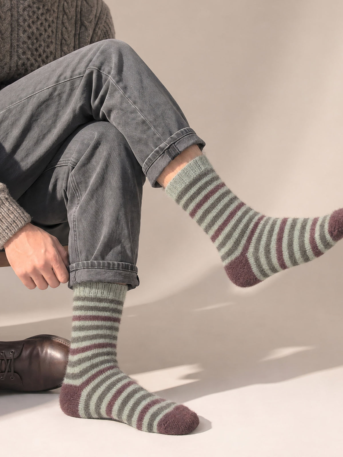 Stripe-Patterned-Wool-Socks-in-Green/Brown