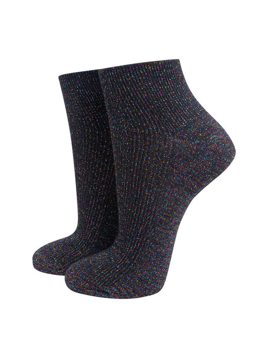 black trainer socks with an all over multicoloured rainbow glitter effect