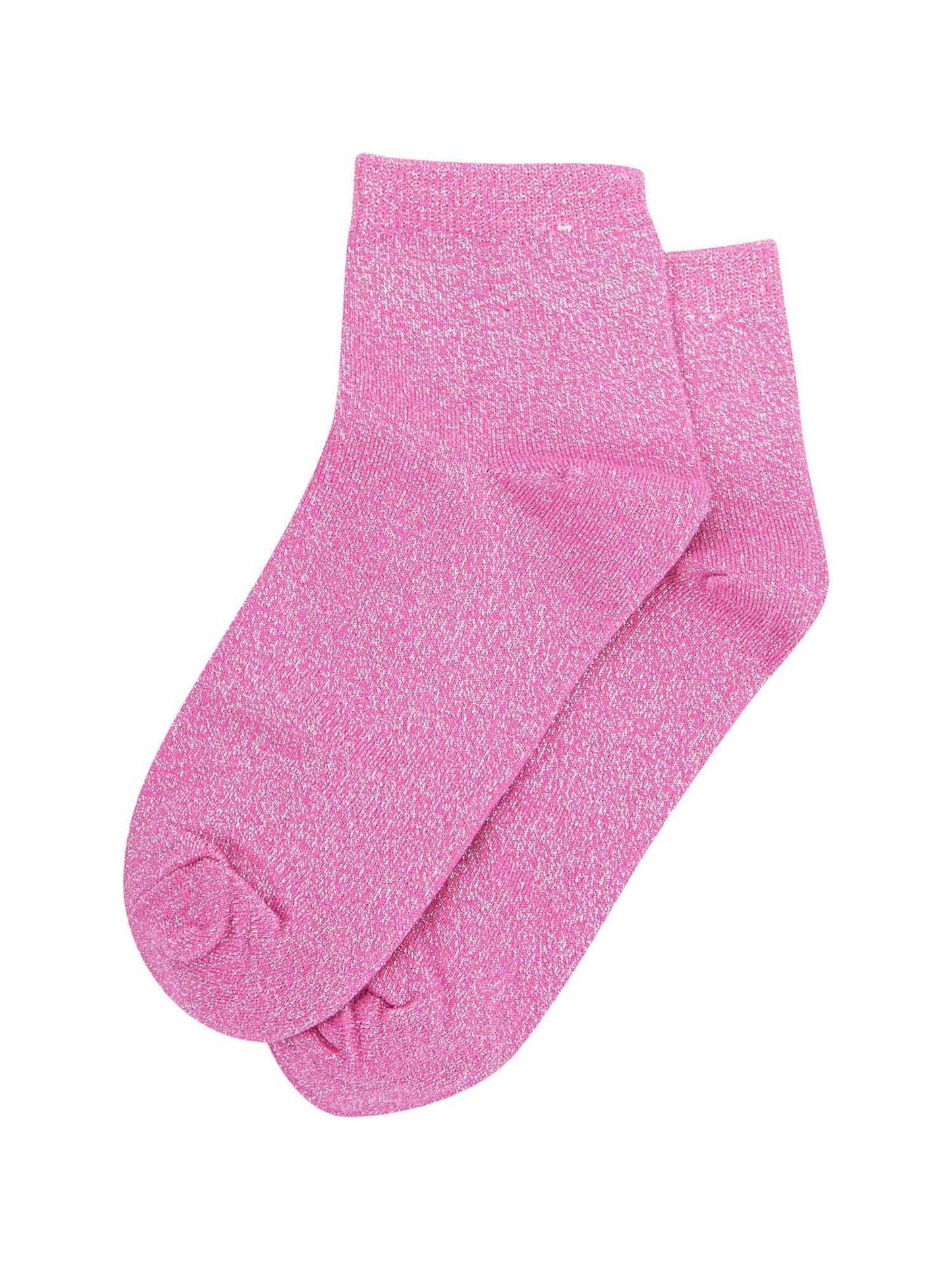 pink anklet socks laying flat, showing the all over glitter pattern
