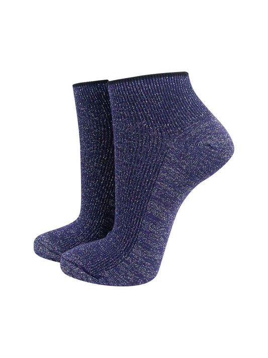 navy blue trainer anklet socks with an all over silver glitter shimmer