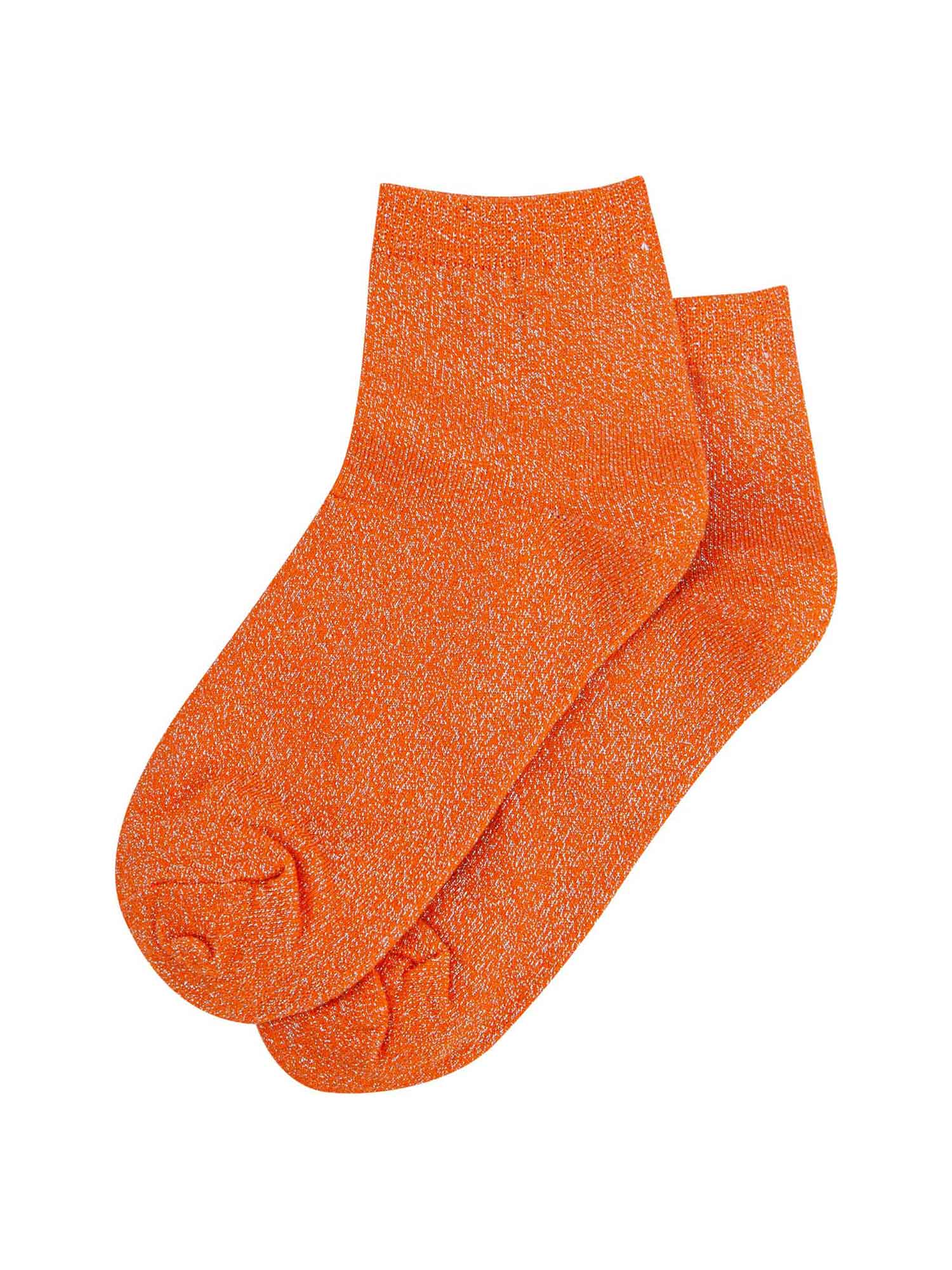 orange anklet socks laying flat, showing the all over glitter pattern
