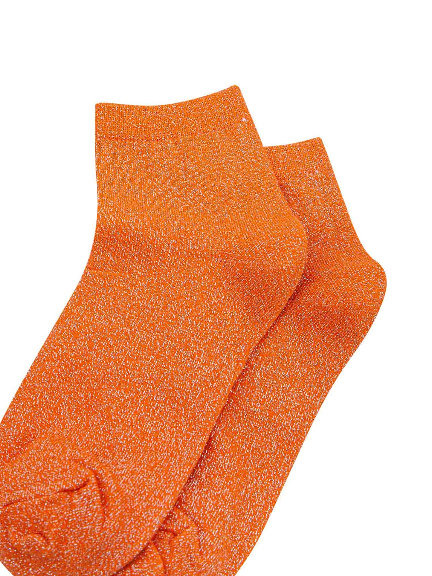 close up of the sparkly glitter effect on the orange anklet socks
