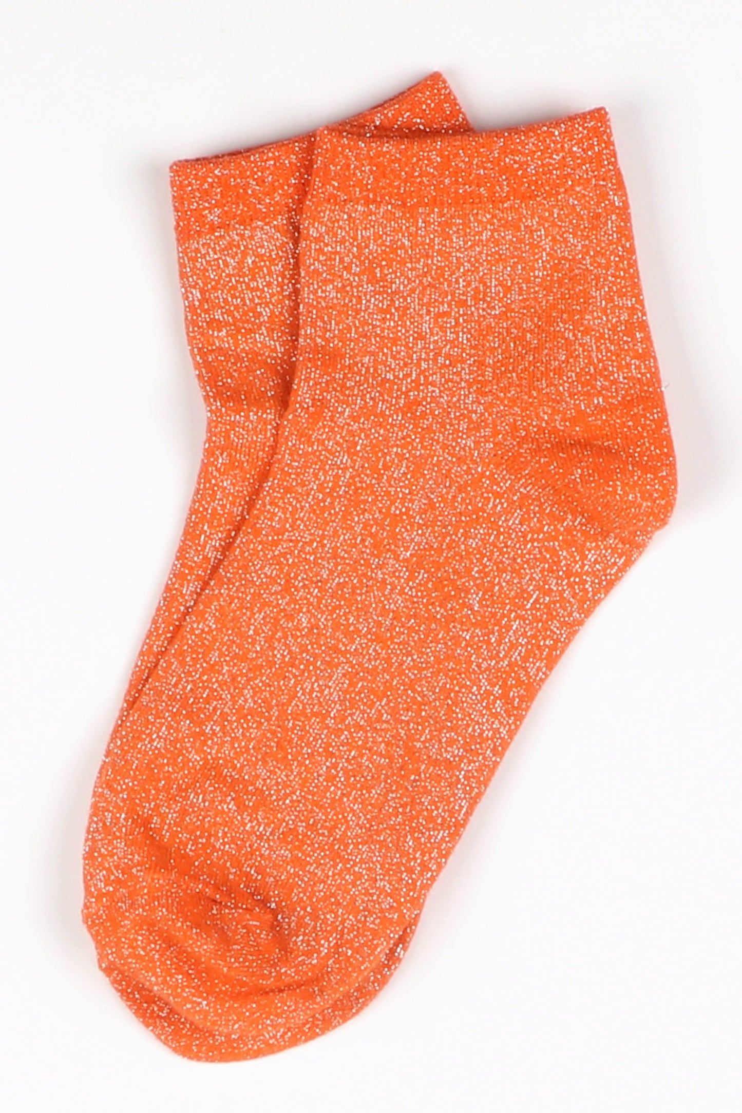 close up of the sparkly glitter effect on the orange anklet socks