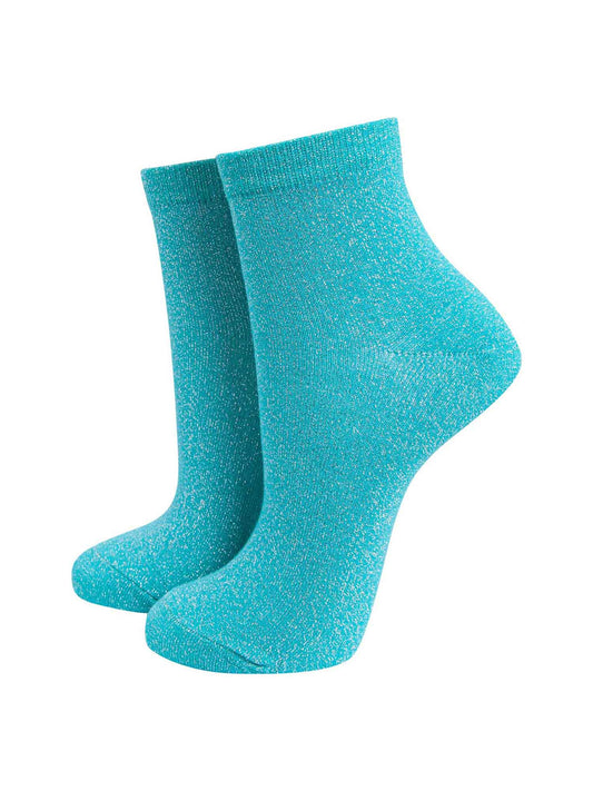 turquoise cotton socks with an all over silver glitter sparkle