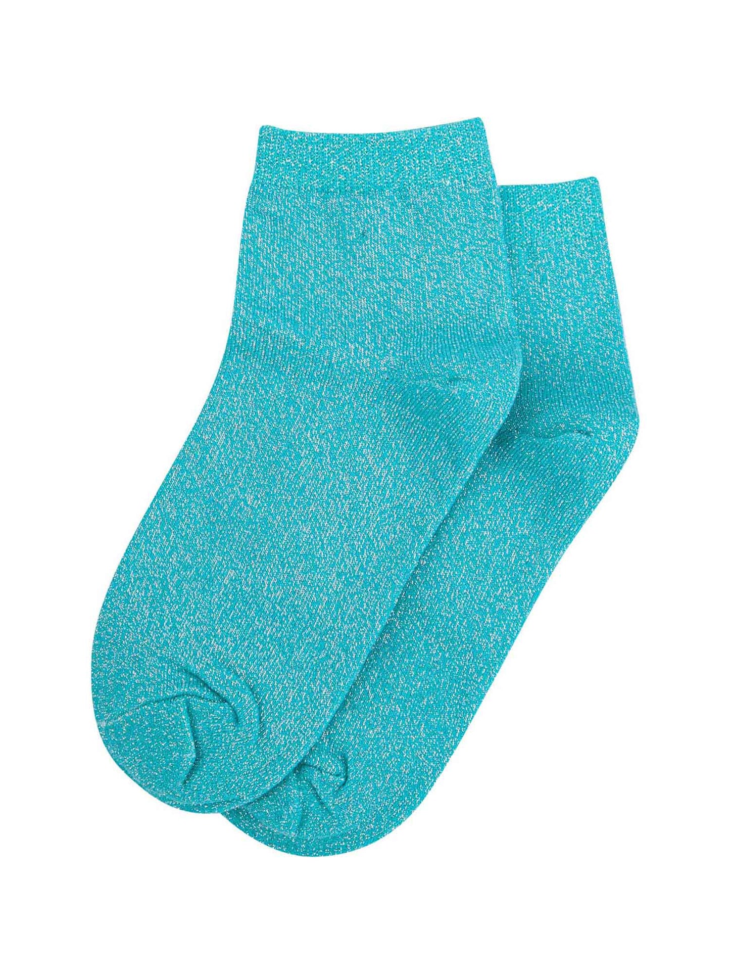 turquoise anklet socks laying flat, showing the all over glitter pattern
