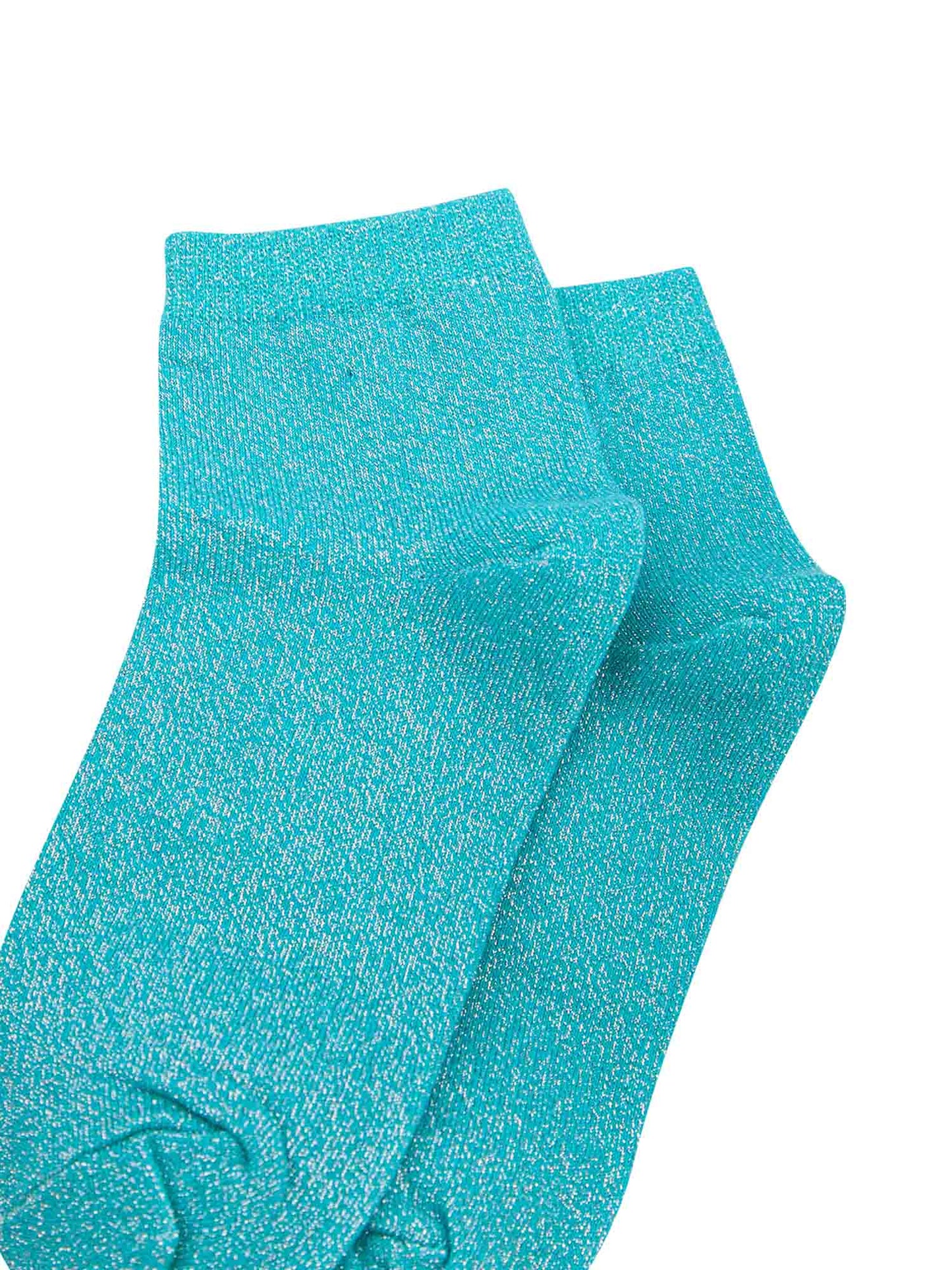 close up of the sparkly glitter effect on the turquoise anklet socks