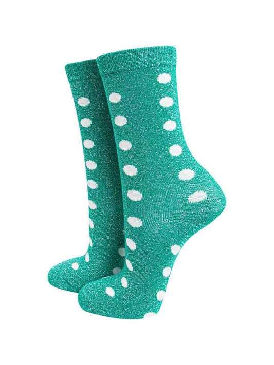 green and white polka dot ankle socks with an all over silver glitter effect