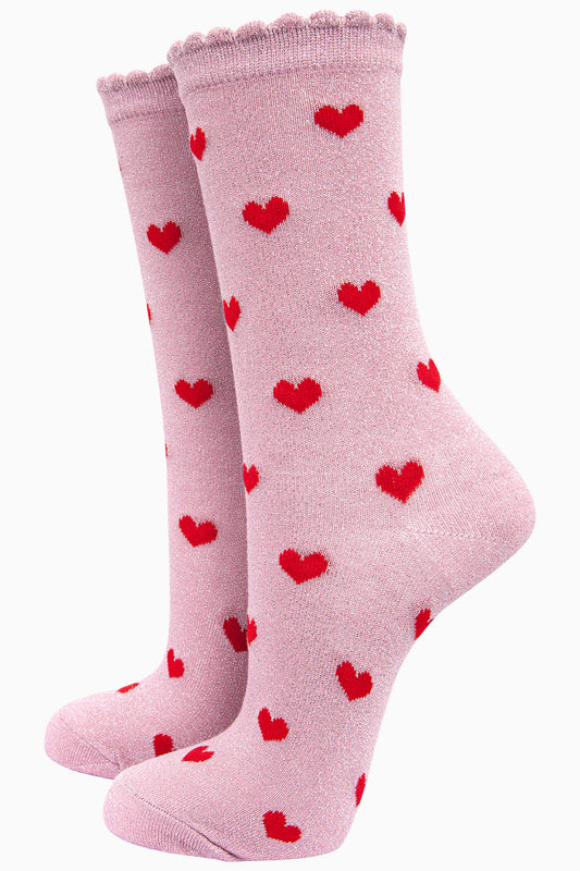 Womens Cotton Blend Glitter Socks with Scalloped Edge in a Heart Print