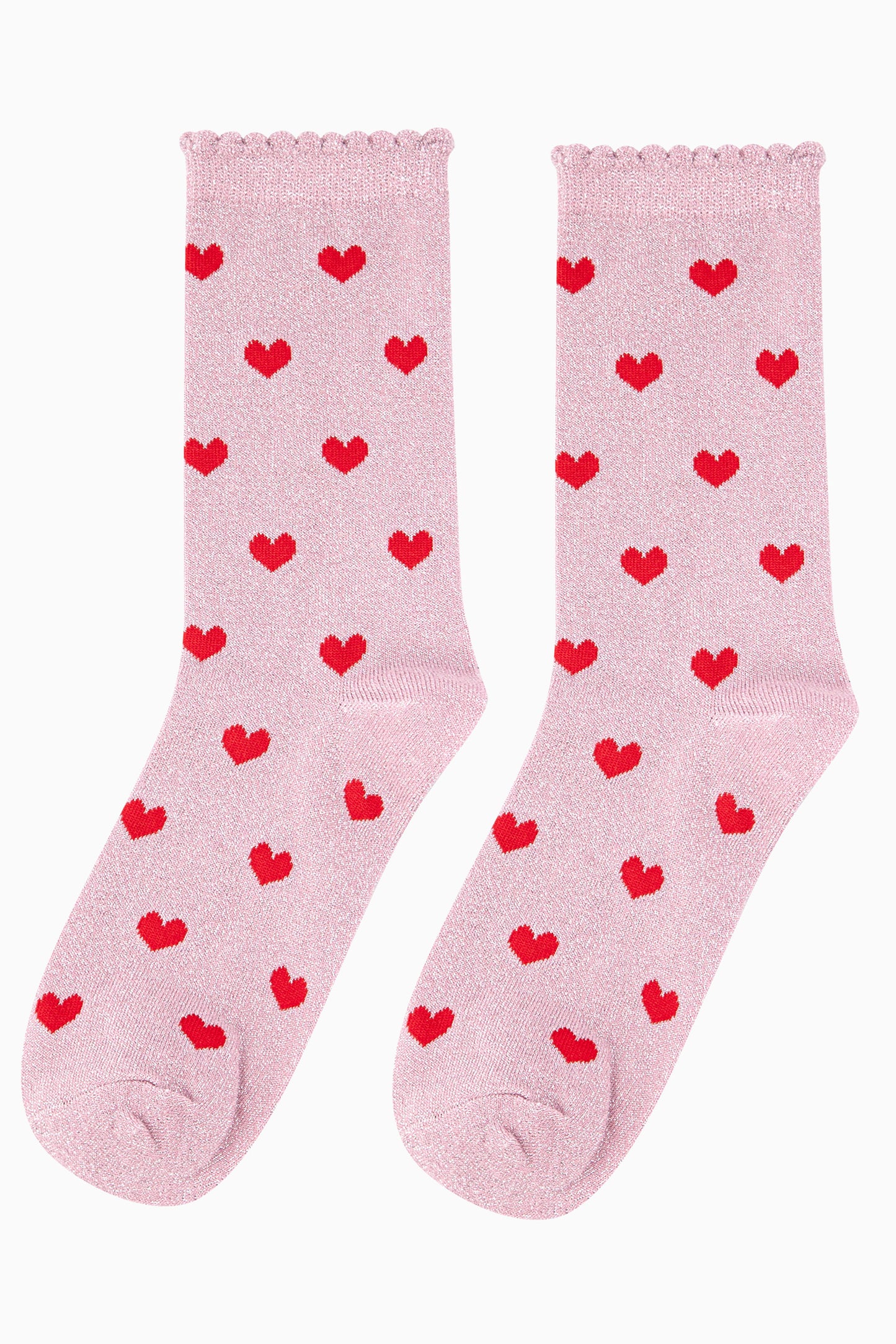 Womens Cotton Blend Glitter Socks with Scalloped Edge in a Heart Print