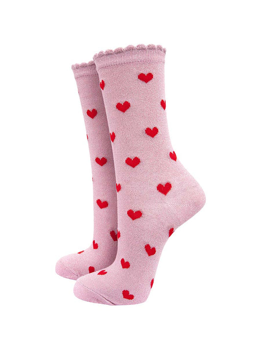 Love Heart Cotton Glitter Socks in Pink