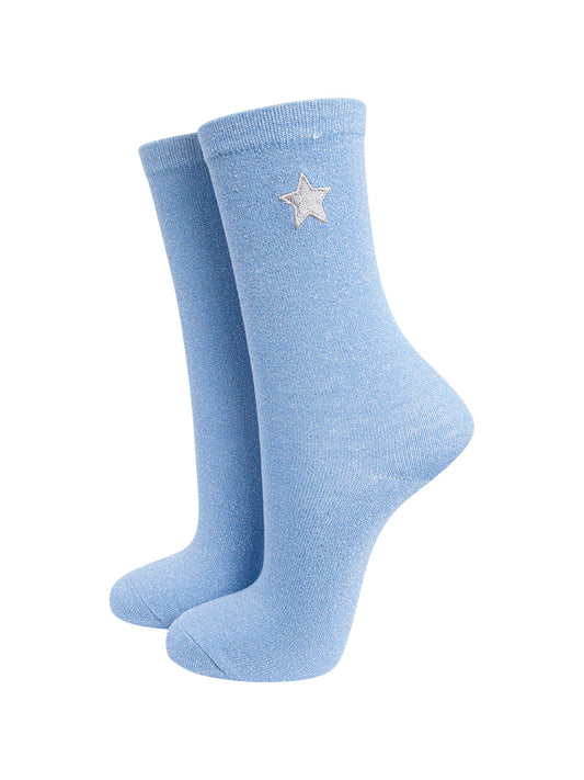 blue and silver glitter ankle socsk with embroidered star on the ankle