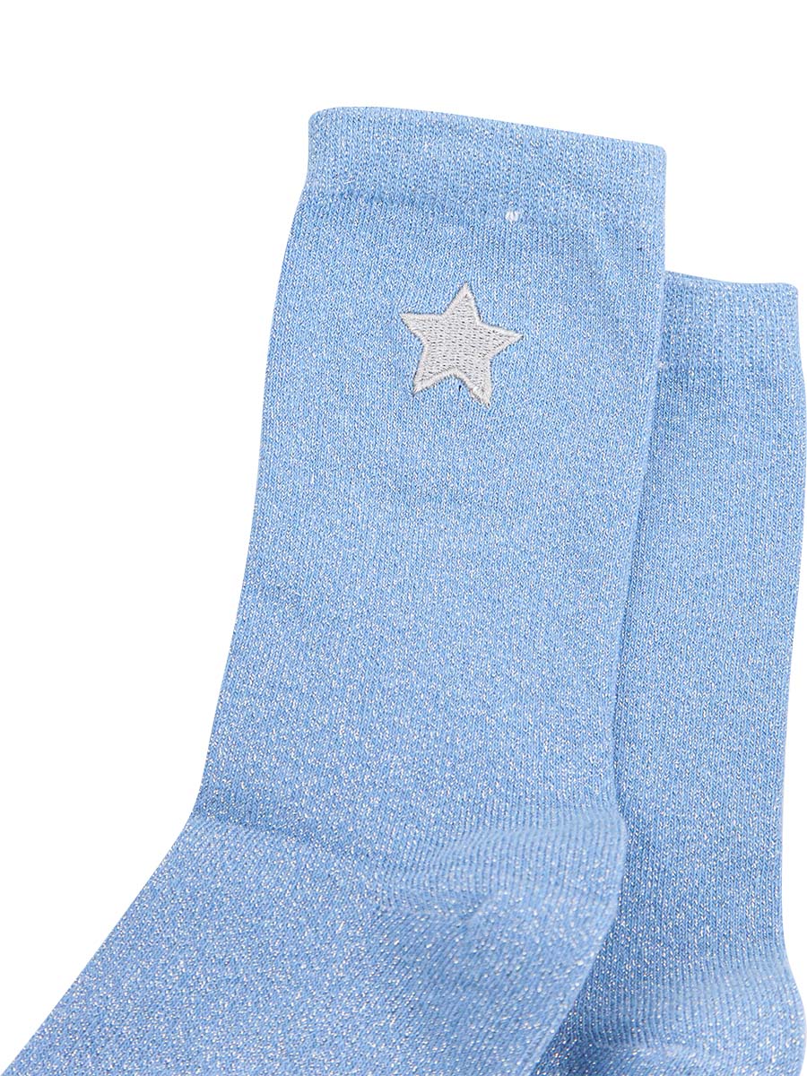blue and silver glitter ankle socsk with embroidered star on the ankle