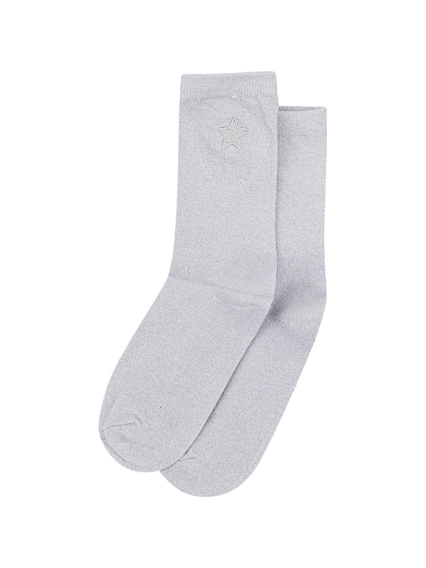 white, silver glitter socks with silver embroidered star