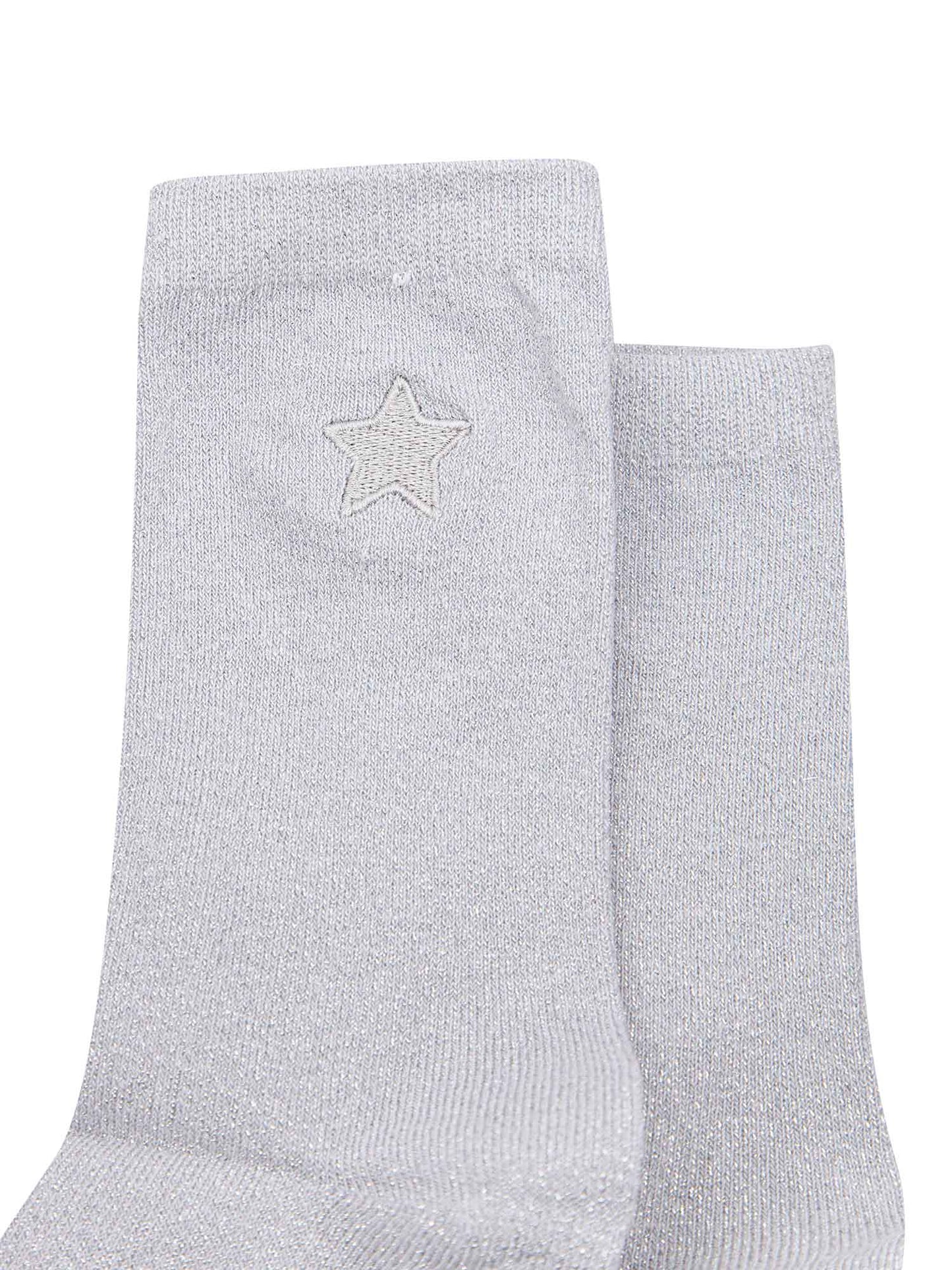 white, silver glitter socks with silver embroidered star