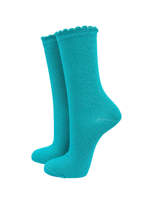 aqua blue ankle socks with an all over glitter sparkle and scalloped cuffs