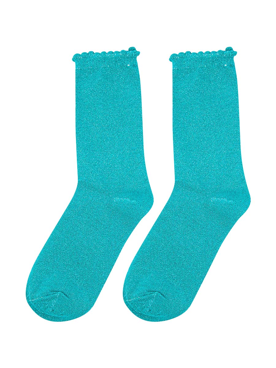 aqua blue sparkly glitter socks with scalloped cuffs and an all over shimmer