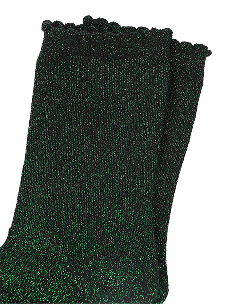 black cotton socks with an all over bright green glitter shimmer, the socks have a scalloped cuff edge