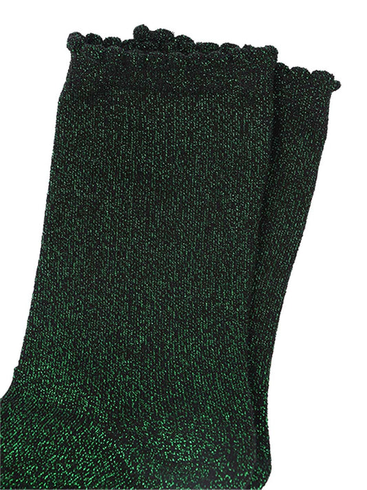 black cotton socks with an all over bright green glitter shimmer, the socks have a scalloped cuff edge