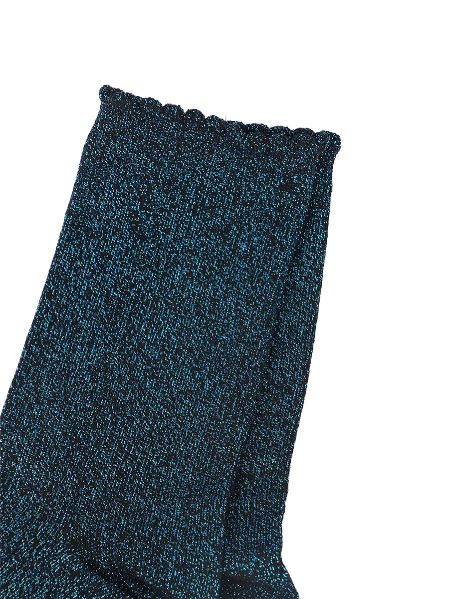 black cotton socks with an all over turquoise glitter shimmer, the socks have a scalloped cuff edge