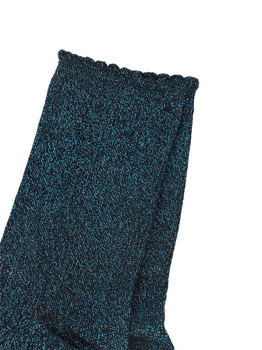 black cotton socks with an all over turquoise glitter shimmer, the socks have a scalloped cuff edge