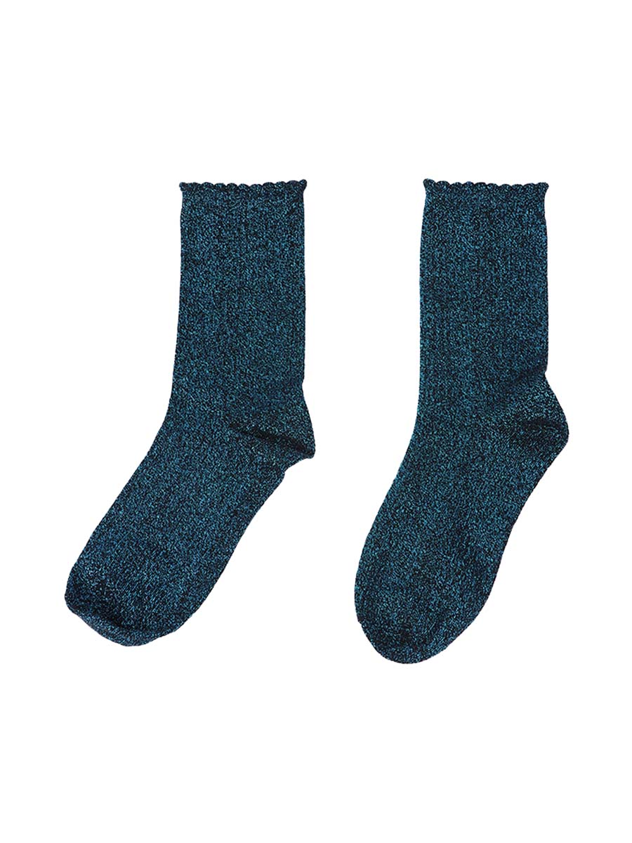 black cotton socks with an all over turquoise glitter shimmer, the socks have a scalloped cuff edge