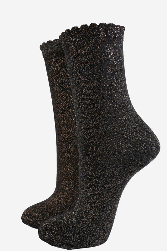 black ankle socks with an all over bronze glitter shimmer and scalloped cuffs