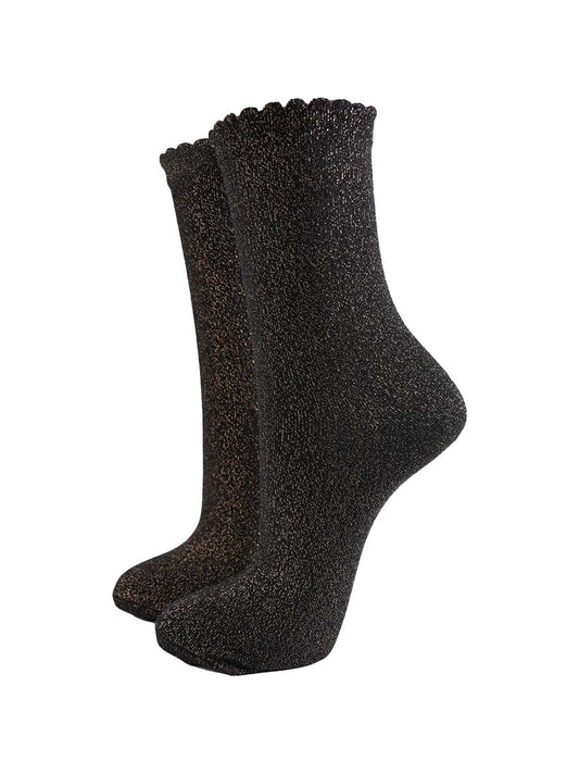 black ankle socks with an all over bronze glitter shimmer and scalloped cuffs